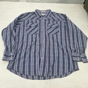 Real Work Wear Shirt Me Size 2XL Pearl Snap Plaid Long Sleeve Blue Western